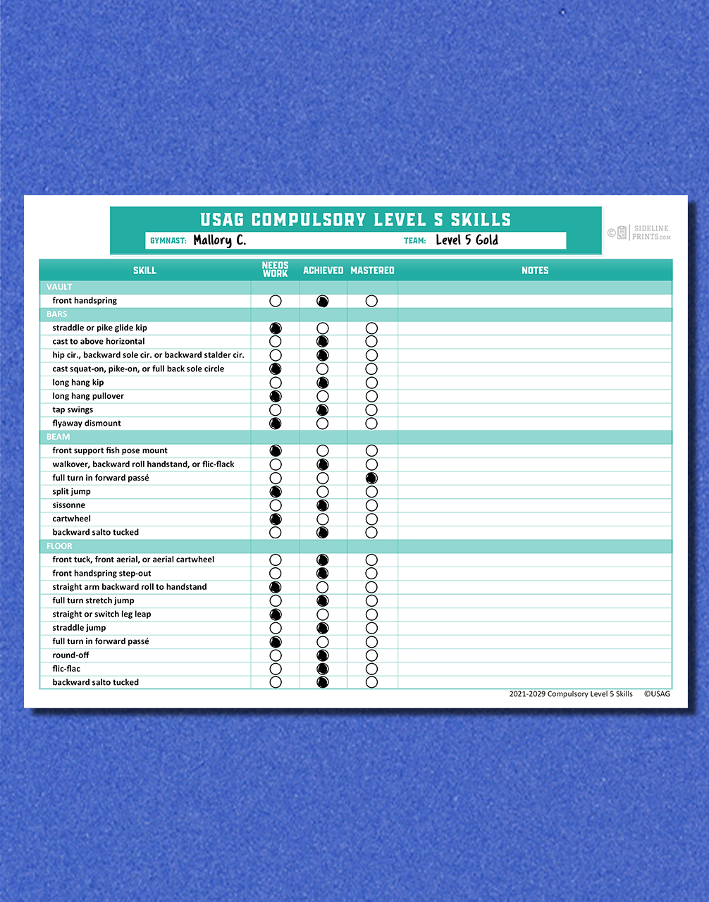 Level 5 Skill Tracker Template – Sideline Prints