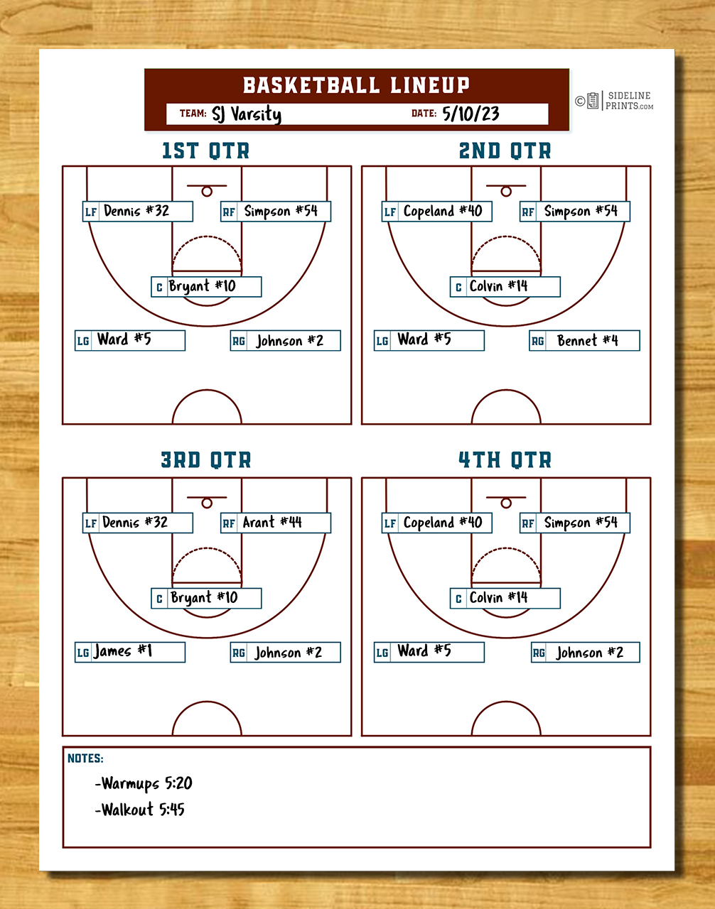 Basketball Lineup Template – Sideline Prints