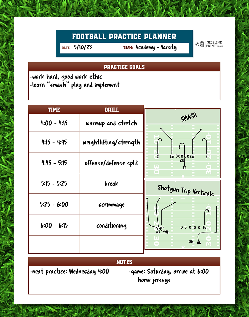 Practice Planner Template Sideline Prints